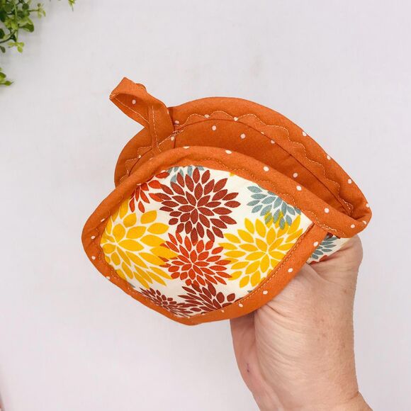Set of 2 Finger Hotpad Potholders Fall Dahlias Orange, 2 Piece Baking Set - Picture 4 of 5